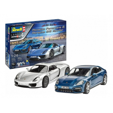 KIT PARA MONTAR REVELL GIFT SET PORSCHE PANAMERA & PORSCHE 918 SPYDER 1/24 227 PEÇAS COMPLETO COM TINTAS COLA E PINCEL REV 05681